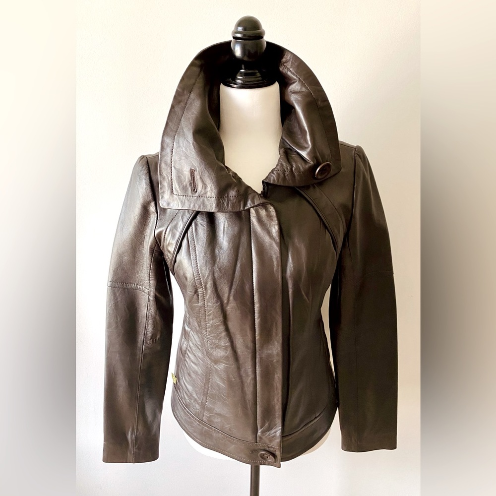Soia & Kyo Soft Chocolate Brown Motorcycle Style Leather Zip Up Jacket